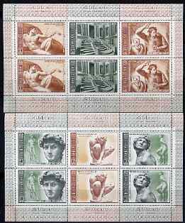 Russia 1975 Birth Anniversary of Michelangelo set of 2 sheetlets (each containing 2 se-tenant strips of 3) unmounted mint as SG 4368-73, Mi 4329-34, stamps on , stamps on  stamps on arts, stamps on  stamps on sculpture, stamps on  stamps on renaissance