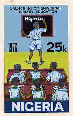 Nigeria 1976 Universal Primary Education - original hand-painted artwork for 25k value showing student writing on blackboard, by NSP&MCo Staff Artist Samuel A M Eluare, on card 6 x 10 endorsed F5, stamps on , stamps on  stamps on education