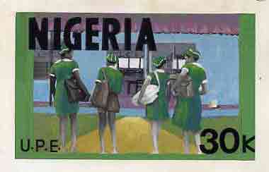 Nigeria 1976 Universal Primary Education - original hand-painted artwork for 30k value showing children entering school, by Sylva O Okereke, on card 9.5 x 5.5 endorsed B1, stamps on education     children