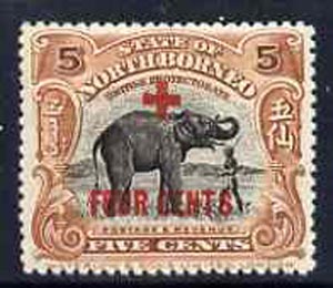 North Borneo 1915 Elephant 5c plus 4c Red Cross surch unmounted mint, SG 239*, stamps on , stamps on  stamps on animals     red cross     elephant, stamps on  stamps on  kg5 , stamps on  stamps on 