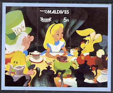 Maldive Islands 1980 Alice in Wonderland m/sheet unmounted mint, SG MS 908, stamps on , stamps on  stamps on disney, stamps on  stamps on  tea , stamps on  stamps on cartoons, stamps on  stamps on drink, stamps on  stamps on fairy tales, stamps on  stamps on alice