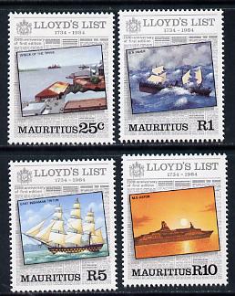 Mauritius 1984 Lloyds List set of 4 unmounted mint, SG 682-5, stamps on newspapers, stamps on ships, stamps on shipwrecks