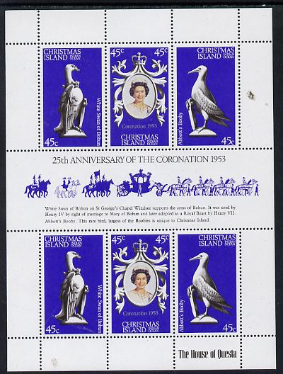 Christmas Island 1978 Coronation 25th Anniversary sheetlet (QEII, Swan & Booby) SG 96a unmounted mint, stamps on , stamps on  stamps on birds, stamps on  stamps on royalty, stamps on  stamps on coronation, stamps on  stamps on arms, stamps on  stamps on heraldry