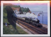 Liberia 1994 Locomotives $1 m/sheet (GWR Castle Class 4-6-0 Kingswear Castle) unmounted mint, stamps on railways, stamps on castles