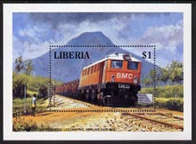 Liberia 1994 Locomotives $1 m/sheet (Bong Mining Co Diesel Loco hauling Iron Ore) unmounted mint, stamps on , stamps on  stamps on railways     mining    iron    minerals