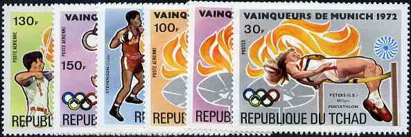 Chad 1972 Munich Olympic Winners (background symbol of Olympic Flame) unmounted mint set of 6*, stamps on , stamps on  stamps on olympics    sport   rings    boxing   high jump    rifle    archery    judo       gymnastics, stamps on  stamps on  gym , stamps on  stamps on gymnastics, stamps on  stamps on , stamps on  stamps on martial arts