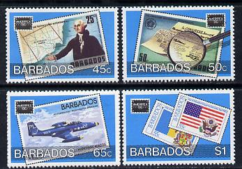 Barbados 1986 Ameripex Stamp Exhibition set of 4 unmounted mint SG 817-20, stamps on postal     personalities     aviation       flags     stamp exhibitions