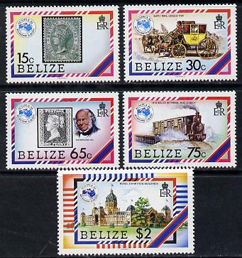 Belize 1984 'Ausipex' Stamp Exhibition set of 5 (SG 793-7) unmounted mint, stamps on , stamps on  stamps on postal, stamps on stamp on stamp, stamps on railways     stamp exhibitions, stamps on  stamps on stamponstamp