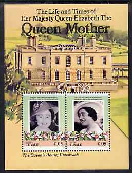 Tuvalu - Niutao 1985 Life & Times of HM Queen Mother (Leaders of the World) m/sheet showing The Queen's House, Greenwich unmounted mint, stamps on , stamps on  stamps on royalty      queen mother    buildings