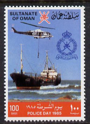 Oman 1985 Police Day 1 value unmounted mint SG 299*, stamps on aviation    helicopter    police  ships