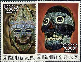 Ras Al Khaima 1969 Mexican Masks (Olympics) perf set of 2 unmounted mint, Mi 347-48A, stamps on artefacts    masks    olympics