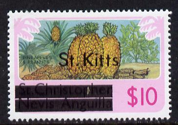 St Kitts 1980 Pineaples & Peanuts $10 from opt'd def set unmounted mint, SG 41A*, stamps on , stamps on  stamps on pineapples       peanuts     fruit    food    nuts