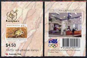 Australia 1992 Threatened Species $4.50 self-adhesive booklet complete (without Olympic Draw flash, with Nat Philatelic Centre advert on back & Kuala Lumpur 92 on front) SG SB78avar, stamps on , stamps on  stamps on animals      self adhesive