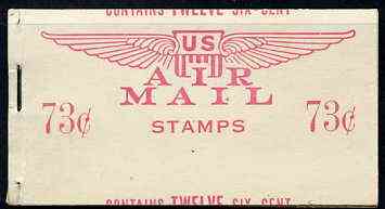 United States 1949 73c Air Mail booklet containing 2 panes of 6 x 6c stapled at left with both panes and covers miscut (through centre of stamp) fine exhibition item, stamps on , stamps on  stamps on aviation