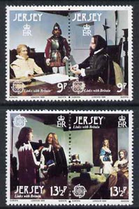 Jersey 1980 Europa -Personalities - Links with Britain set of 4 (2 se-tenant pairs) unmounted mint, SG 226-29, stamps on , stamps on  stamps on europa, stamps on  stamps on personalities, stamps on  stamps on royalty, stamps on  stamps on explorers, stamps on  stamps on raliegh, stamps on  stamps on history