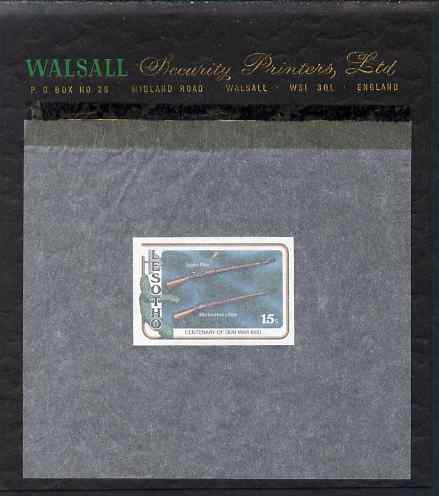 Lesotho 1980 Centenary of Gun War 15s imperf proof mounted on Walsall Security Proof card rare thus, as SG 390, stamps on guns, stamps on militaria