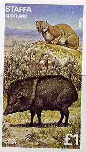 Staffa 1977 Wild Animals (Puma & Peccary) imperf souvenir sheet (£1 value) unmounted mint, stamps on animals, stamps on cats, stamps on pigs, stamps on swine