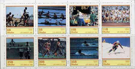 Dhufar 1984 Los Angeles Olympics complete perf set of 8 values unmounted mint, stamps on , stamps on  stamps on sport   olympics    steeplechase    rowing    shot    running    handball    swimming    skiing