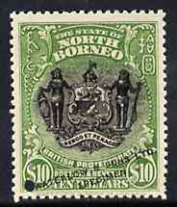 North Borneo 1911 Printers sample of $10 Arms in black & green optd Waterlow & Sons Specimen with small security punch hole on ungummed paper (as SG 183), stamps on heraldry, stamps on arms, stamps on  kg5 , stamps on 