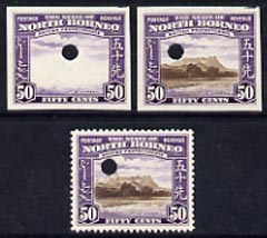 North Borneo 1939 Mt Kinabalu 50c def imperf proof of frame plus perf & imperf of composite, all in issued colours on gummed paper with security punch hole, very fine wit..., stamps on mountains, stamps on  kg6 , stamps on 