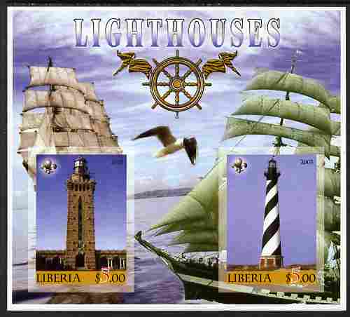 Liberia 2005 Lighthouses imperf sheetlet containing 2 values unmounted mint , stamps on , stamps on  stamps on lighthouses, stamps on  stamps on ships, stamps on  stamps on 