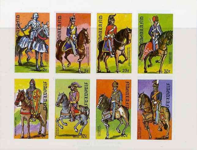 Nagaland 1977 Military Uniforms (on Horseback) complete imperf  set of 8 values unmounted mint, stamps on militaria     horses, stamps on uniforms