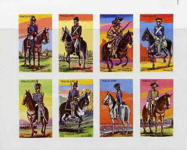 Nagaland 1976 USA Bicentenary (Military Uniforms - On Horseback) complete imperf  set of 8 values unmounted mint, stamps on militaria     americana    horses, stamps on uniforms