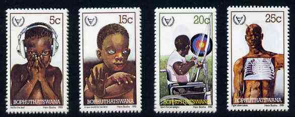 Bophuthatswana 1981 International Year of the Disabled set of 4 unmounted mint, SG 68-71*, stamps on , stamps on  stamps on disabled, stamps on  stamps on wheelchair, stamps on  stamps on archery, stamps on  stamps on headphones, stamps on  stamps on x-rays