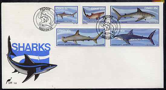 Ciskei 1983 Sharks set of 5 on unaddressed illustrated cover with special first day cancel (SG 38-42), stamps on , stamps on  stamps on marine life, stamps on  stamps on fish, stamps on  stamps on sharks