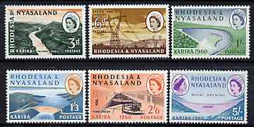 Rhodesia & Nyasaland 1960 Opening of Kariba Hydro-electric Scheme set of 6 unmounted mint, SG 32-37, stamps on , stamps on  stamps on dams, stamps on  stamps on civil engineering, stamps on  stamps on irrigation, stamps on  stamps on power, stamps on  stamps on  energy, stamps on  stamps on water