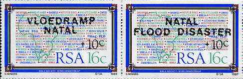 South Africa 1987 Natal Flood Relief Fund #2 (The Bible 16c + 10c) opt se-tenant pair unmounted mint, SG 629a, stamps on , stamps on  stamps on disasters, stamps on  stamps on flood, stamps on  stamps on religion, stamps on  stamps on maps, stamps on  stamps on weather