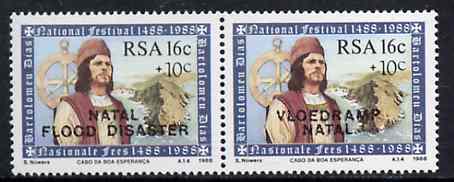 South Africa 1988 Natal Flood Relief Fund #3 (Dias 16c + 10c) opt se-tenant pair unmounted mint, SG 635a, stamps on , stamps on  stamps on disasters, stamps on  stamps on flood, stamps on  stamps on explorers, stamps on  stamps on weather