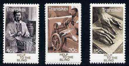 Transkei 1977 Help for the Blind set of 3 unmounted mint, SG 30-32, stamps on , stamps on  stamps on blind, stamps on  stamps on disabled, stamps on  stamps on spinning, stamps on  stamps on weaving, stamps on  stamps on textiles, stamps on  stamps on basketry, stamps on  stamps on 