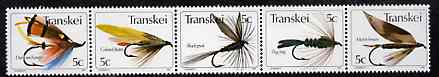 Transkei 1980 Fishing Flies #1 strip of 5 unmounted mint, SG 65a, stamps on fishing