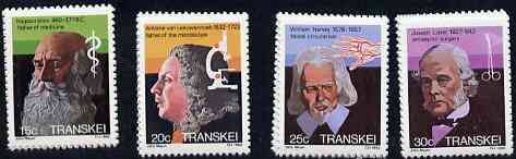 Transkei 1982 Celebrities of Medicine #1 set of 4 unmounted mint, SG 108-11, stamps on , stamps on  stamps on personalities, stamps on  stamps on medical, stamps on  stamps on doctors, stamps on  stamps on microscopes, stamps on  stamps on chemistry