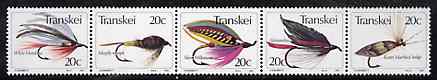 Transkei 1983 Fishing Flies #4 strip of 5 unmounted mint, SG 116a, stamps on fishing
