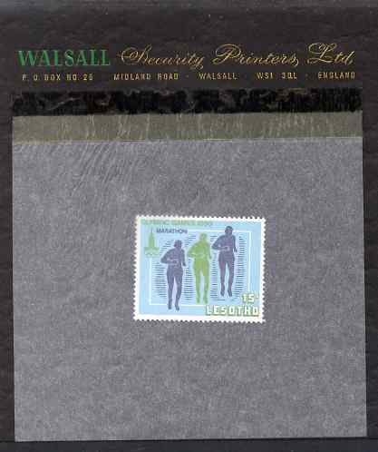 Lesotho 1980 Moscow Olympic games 15s (Running) perforated proof essay mounted on Walsall Security Proof card, rare, stamps on olympics, stamps on running