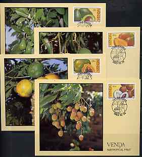 Venda 1983 Subtropical Fruit set of 4 each on maximum card cancelled first day of iussue, SG 83-86*, stamps on fruit     avocado     mango     papaya      litchi