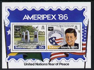 Solomon Islands 1986 'Ameripex '86' m/sheet unmounted mint, SG MS 567, stamps on peace, stamps on kennedy, stamps on personalities, stamps on postal, stamps on stamp exhibitions, stamps on death, stamps on  ww2 , stamps on 