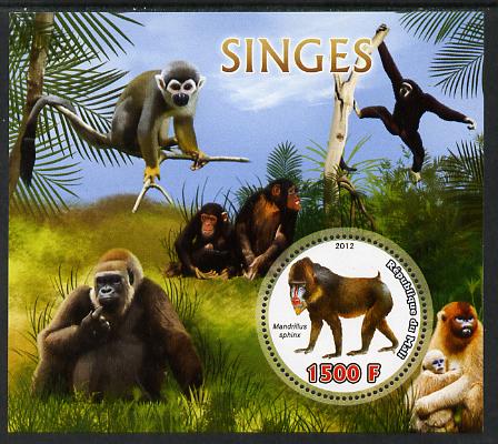 Mali 2012 Fauna - Monkeys perf m/sheet containing 1500f circular value unmounted mint, stamps on shaped, stamps on animals, stamps on monkeys, stamps on apes