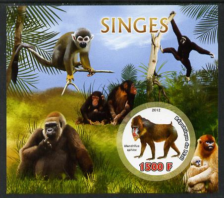 Mali 2012 Fauna - Monkeys imperf m/sheet containing 1500f circular value unmounted mint, stamps on shaped, stamps on animals, stamps on monkeys, stamps on apes