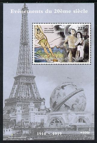 Niger Republic 1998 Events of the 20th Century 1910-1919 Tarzan - The Movie perf souvenir sheet unmounted mint. Note this item is privately produced and is offered purely on its thematic appeal, it has no postal validity, stamps on , stamps on  stamps on millennium, stamps on  stamps on eiffel tower, stamps on  stamps on films, stamps on  stamps on cinema, stamps on  stamps on movies, stamps on  stamps on 