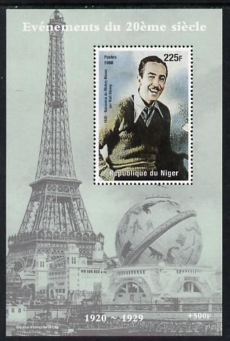 Niger Republic 1998 Events of the 20th Century 1920-1929 Birth of Walt Disneys Mickey Mouse perf souvenir sheet unmounted mint. Note this item is privately produced and i..., stamps on millennium, stamps on eiffel tower, stamps on films, stamps on cinema, stamps on movies, stamps on disney
