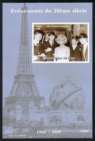 Niger Republic 1998 Events of the 20th Century 1960-1969 The Beatles & Sylvie Vartan imperf souvenir sheet unmounted mint. Note this item is privately produced and is offered purely on its thematic appeal, stamps on , stamps on  stamps on millennium, stamps on  stamps on eiffel tower, stamps on  stamps on personalities, stamps on  stamps on beatles, stamps on  stamps on pops, stamps on  stamps on music, stamps on  stamps on rock