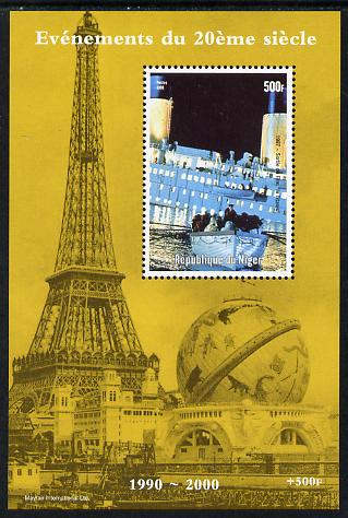 Niger Republic 1998 Events of the 20th Century 1990-2000 Release of the Film Titanic perf souvenir sheet unmounted mint. Note this item is privately produced and is offered purely on its thematic appeal, stamps on , stamps on  stamps on millennium, stamps on  stamps on eiffel tower, stamps on  stamps on titanic, stamps on  stamps on films, stamps on  stamps on movies, stamps on  stamps on cinema, stamps on  stamps on disasters