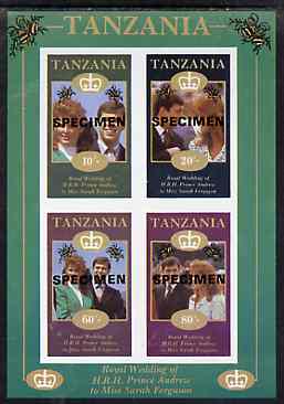 Tanzania 1986 Royal Wedding (Andrew & Fergie) the unissued imperf sheetlet containing 10s, 20s, 60s & 80s values overprinted Specimen unmounted mint, stamps on , stamps on  stamps on royalty, stamps on  stamps on andrew, stamps on  stamps on fergie, stamps on  stamps on bells