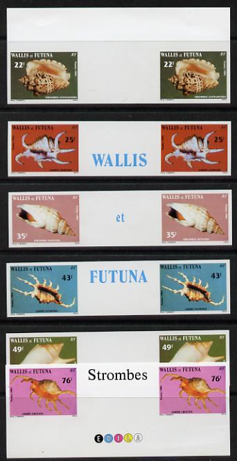 Wallis & Futuna 1984 Sea Shells - 3rd series imperf proof set of 6 inter-paneau gutter pairs in issued colours on thin glossy card unmounted mint as SG 428-33, stamps on shells, stamps on marine life