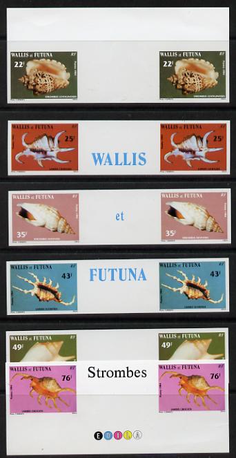 Wallis & Futuna 1984 Sea Shells - 3rd series imperf proof set of 6 inter-paneau gutter pairs in issued colours on thin glossy card unmounted mint as SG 428-33, stamps on , stamps on  stamps on shells, stamps on  stamps on marine life