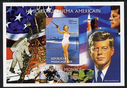 Madagascar 1999 History of American Cinema - Marilyn Monroe #1 (with JFK & Apollo 11 in background) perf m/sheet unmounted mint. Note this item is privately produced and is offered purely on its thematic appeal , stamps on personalities, stamps on kennedy, stamps on usa presidents, stamps on americana, stamps on films, stamps on cinema, stamps on movies, stamps on music, stamps on marilyn, stamps on monroe, stamps on apollo, stamps on moon, stamps on space, stamps on rockets, stamps on umbrellas