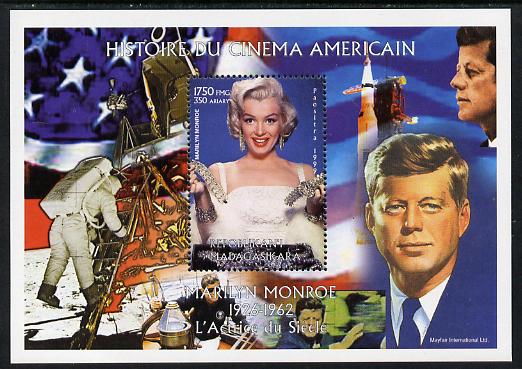 Madagascar 1999 History of American Cinema - Marilyn Monroe #4 (with JFK & Apollo 11 in background) perf m/sheet unmounted mint. Note this item is privately produced and is offered purely on its thematic appeal , stamps on , stamps on  stamps on personalities, stamps on  stamps on kennedy, stamps on  stamps on usa presidents, stamps on  stamps on americana, stamps on  stamps on films, stamps on  stamps on cinema, stamps on  stamps on movies, stamps on  stamps on music, stamps on  stamps on marilyn, stamps on  stamps on monroe, stamps on  stamps on apollo, stamps on  stamps on moon, stamps on  stamps on space, stamps on  stamps on rockets